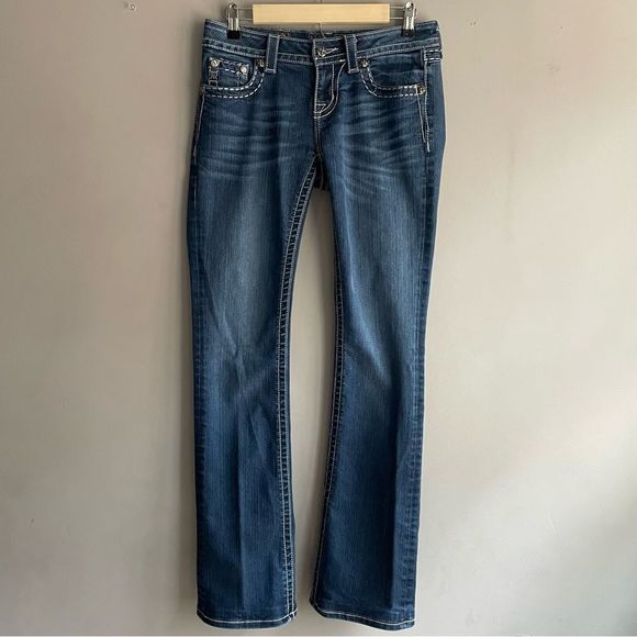 Miss Me Low Rise Easy Bootcut Blue Jeans with Jewels and Studs, size 26 tall - Picture 2 of 11